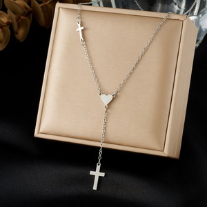 Cross-shaped Long Chain Tassel Necklace Gold Plated Stainless Steel Heart Pendant Daily Wear Gift Jewelry - Product Image 2