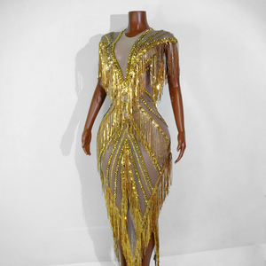 <span class=keywords><strong>Vestido</strong></span> Largo de Mujer, Sexy, con Espalda Descubierta, de Malla Transparente con Borlas y Pedrería Dorada, para Actuaciones en Escenario, Disfraz de <span class=keywords><strong>Drag</strong></span> <span class=keywords><strong>Queen</strong></span> - Product Image 3
