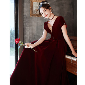 Red Velvet A-Line Wedding Dress V-Neck Natural Waist Claret Color Vintage Style for Brides Engagement Banquet Mother's Day - Product Image 2