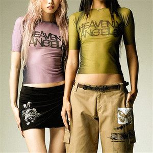 Letter Print <strong>Y2k</strong> <strong>Top</strong> See Through Graphic T Shirts for Women Clothing Short Sleeve Aesthetic Skinny Tees - Product Image 2