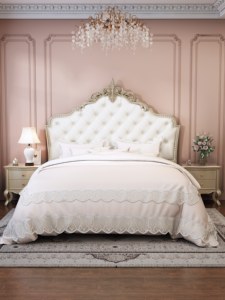 European Style King <b>Size</b> Upholstered <b>Bed</b> With Tufted Headboard Soft Fabric <b>Frame</b> Wooden Base - Product Image 5