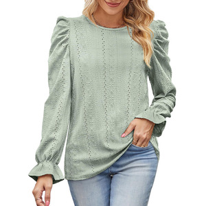 Blusa Feminina de Outono Moda Decote Redondo Manga Longa Elegante Camisas Top em Cor Sólida para Mulheres - Product Image 1
