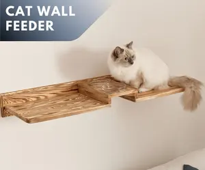 벽 마운트 나무 고양이 피더 선반 고양이 먹이 선반 2 그릇 부동 식품 스탠드 애완 동물