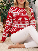 Pull Jacquard Femme Hiver Noël Motif Renne Dessin Animé Nouveauté Tricoté Col Rond Manches Longues Haut de Fête pour Fêtes de Fin d'Année Vente en Gros