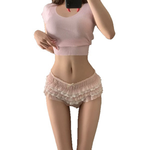 Culottes sexy mi-hautes en maille à nœuds et dentelle pour femmes, style princesse doux, culottes bouffantes - Product Image 5