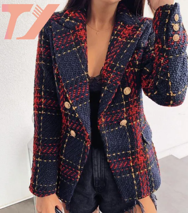 Wholesale Custom Made Fashion Tweeds Blazer Women Plaid /check Blazer Double Breasted Blazer