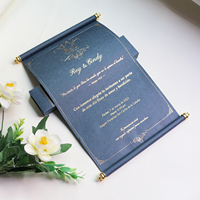 Carte d'invitation de mariage vintage bleu marine de luxe, invitation enroulée avec impression dorée, avec boîte cadeau assortie