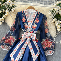 Robe longue élégante à imprimé floral vintage pour femme, manches bouffantes, taille lacée, style court, robe midi pour soirée printemps