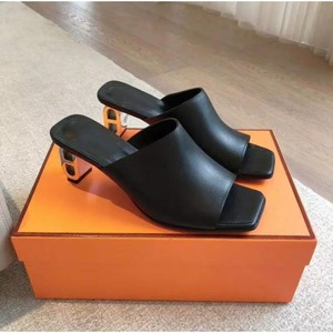 Sandalias de Cuero para Mujer, Punta Cuadrada, Tacón Grueso de Metal de 6 cm, Zapatos de Tacón Alto para Fiesta de Verano, Mules Formales Sin Cordones, Resistentes - Product Image 1
