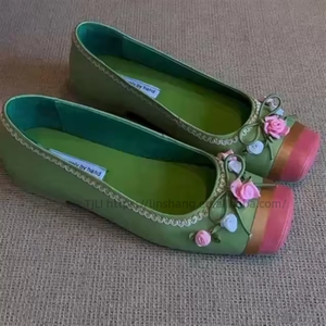 Factory Wholesale Handmade Green Satin Flower Ballet Flats - Toe Cap Lace Trim Casual Daily Women's <b>Shoes</b> - Product Image 1