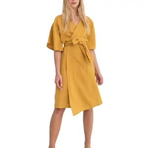 2019 vestido elegante de lino de manga corta para mujer