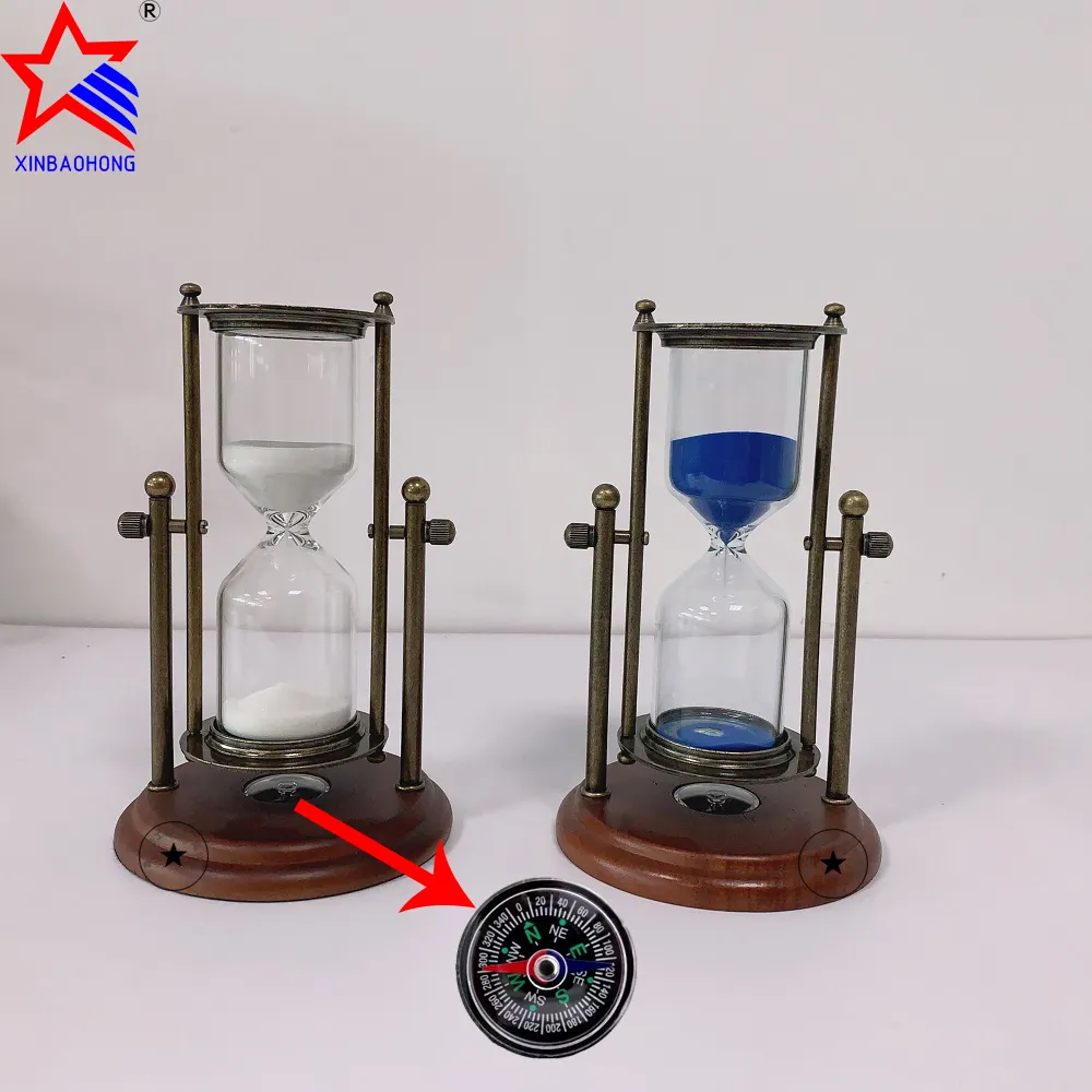 2024 New Navigation 30 Min Antique Brass Navy Blue Sand Timer with Compass on Wooden Base Hourglass Clock Decor& Gifts