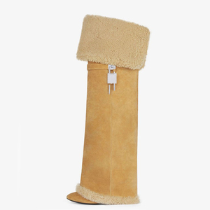 Women Winter Western Metal Shark Lock Over-the-Knee Suede Fur Fold-Over Pointed Toe Long Pants Booties Stilettos High Heels - Product Image 2