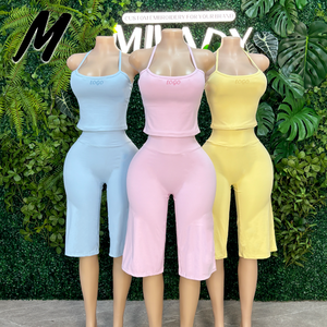 Milady Fashion Dames Backless <span class=keywords><strong>Cami</strong></span> 2-delige Set Wijde Pijpen Capri Broek Met Borstpad Aangepaste Logo Dames Casual Outfit - Product Image 3