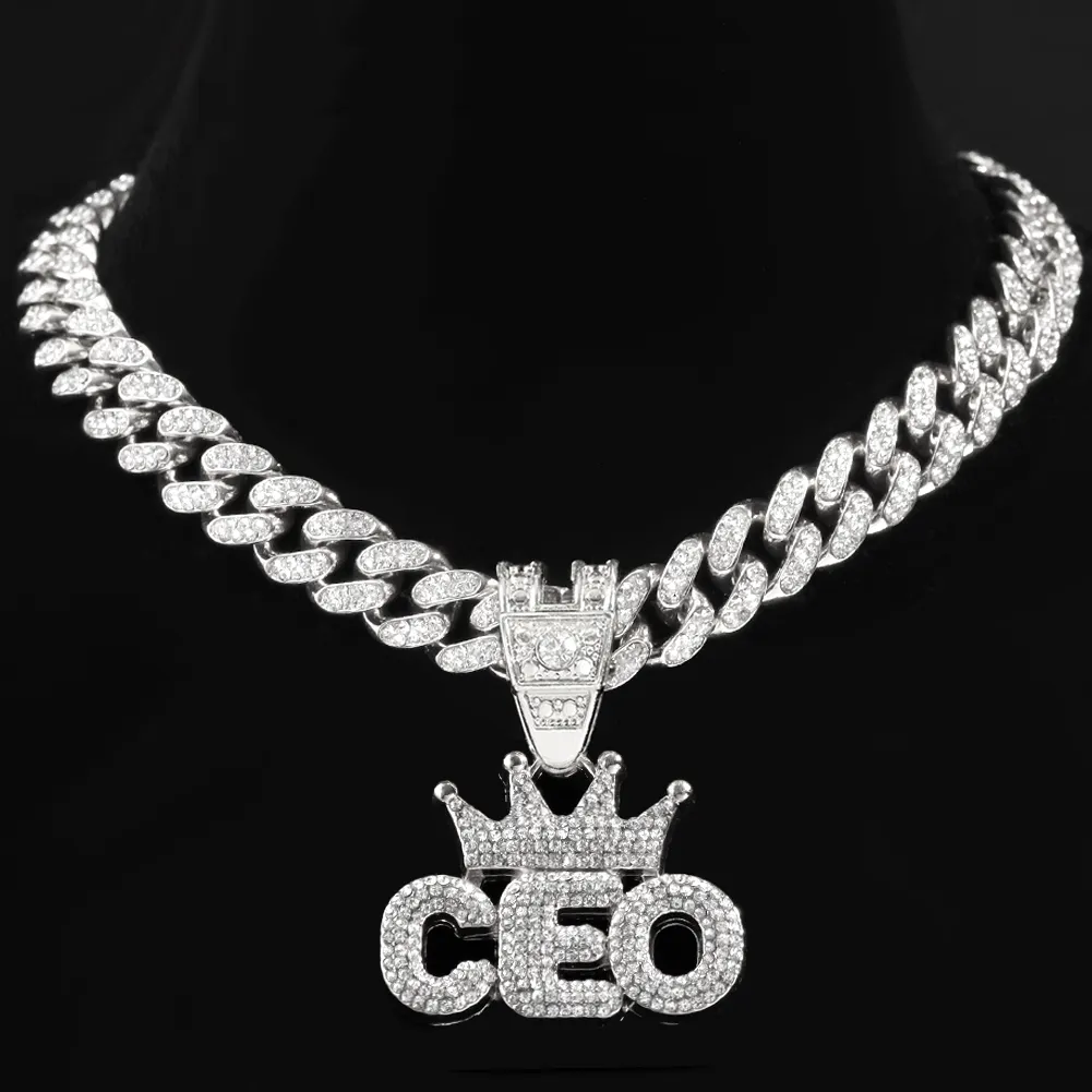 Luxury Cuban Steel Chain Necklace For Men Cubic Zircon Royal Crown Letter Pendant Iced Out CEO Necklace