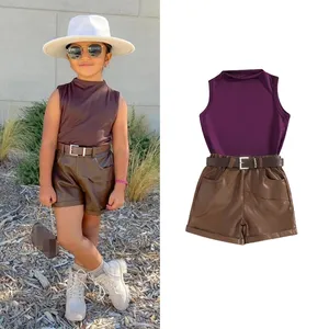 2024 Fashion Girls Children Clothes 2pcs Set Sleeveless Solid Pullover Tank Tops PU Leather Belted Shorts Kids Clothing