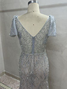 Cristal <span class=keywords><strong>sans</strong></span> manches châle fil robes de soirée 2023 dubaï gris nu col en v Sexy robe formelle - Product Image 6