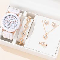 9858 1 montre en quartz en silicone mignonne pour les élèves et 5 ensembles de montres pour femmes en forme de cœur rose, ensemble de bijoux