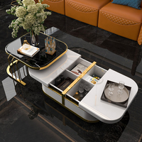 Meuble de salon moderne Meuble TV de luxe Ensemble table basse en bois et acier inoxydable avec dessus en marbre et rangement