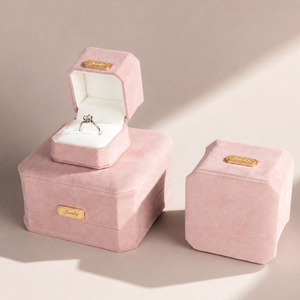 Zebopak Pink Velvet Octagon Jewelry <b>Box</b> Set with Ring <b>Earring</b> Gold Metal Label Storage Case <b>Gift</b> Packaging Wholesale - Product Image 3