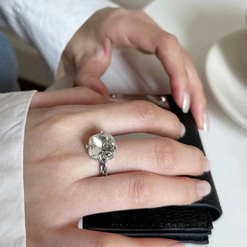 JoyEver 925 sterling silver large zirconia stone ring retro bold statement ring for women