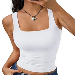 Women <b>White</b> Square Neck <b>Crop</b> Tank <b>Top</b> Sleeveless Knitted Casual Elastic Solid Color Regular Fit All Seasons - Product Image 1