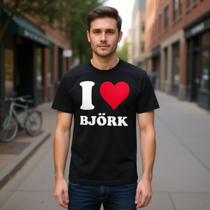 T-shirt I Love Bjrk con design a cuore rosso, abbigliamento unisex in cotone nero - Product Image 3
