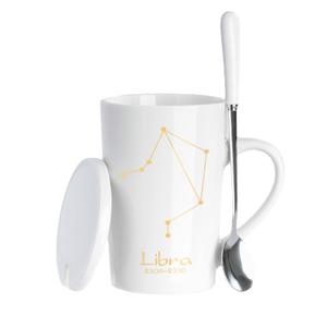 Mug en céramique du signe du zodiaque Libra, noir et plaqué or, avec couvercle et cuillère, tasse à café pour cadeau, usage domestique ou au bureau - Product Image 5