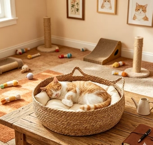 Collier rond tissé <span class=keywords><strong>avec</strong></span> poignée en rotin pour chats et chiens, amovible et lavable, toutes saisons, emballé en carton - Product Image 3