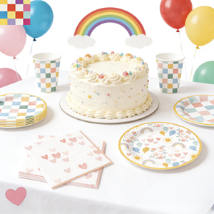 DAMAI Kids Happy Birthday Party Supplies Rainbow Macaroon Checkered Round Shape <b>Disposable</b> <b>Tableware</b> Paper Napkins Cups Plates - Product Image 2