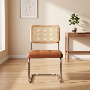 Midcentury Modern <b>Rattan</b> Back Chair With Tufted Leather Seat Metal Legs Living Room Furniture Leisure Chair - Product Image 1