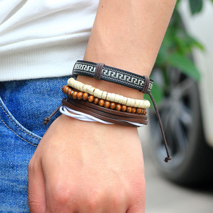 Fashion Wrap <b>Bracelets</b> Genuine Leather Wooden Beads Geometric Pattern Men's Jewelry QNW4010 - Product Image 3