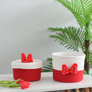 Panier de rangement en forme de nœud de dessin animé, mini panier rond rouge et blanc avec couvercle pour collations, cosmétiques, usage domestique - Product Image 1