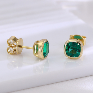 Joyería fina, pendiente de tuerca de Esmeralda colombiana, <span class=keywords><strong>pendientes</strong></span> de mujer chapados en oro 925 con corte de cojín de 8mm, Esmeralda cultivada en laboratorio - Product Image 3