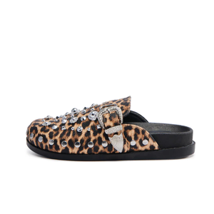 Mules pour femmes à imprimé léopard, ornées de strass et de rivets, avec boucle, style décontracté, à enfiler, tendance - Product Image 1