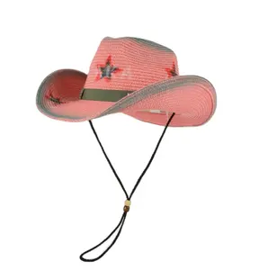 热销印花牛仔帽粉色女式下巴带太阳帽沙滩泳池派对可塑形爵士草帽女牛仔软呢帽