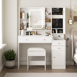 <span class=keywords><strong>Commode</strong></span> <span class=keywords><strong>contemporaine</strong></span> en panneaux de particules blancs avec miroir LED réglable et tabouret – Meuble de chambre durable et écologique pour usage hôtelier - Product Image 1