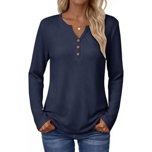 FOXA Blusa de punto gofrado de manga larga para mujer, cuello en V, con botones, ajuste holgado, estilo casual elegante, jersey básico, Otoño 2026 - Product Image 1