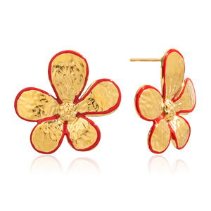 Flower Stud <b>Earrings</b> 18K Gold Plated <b>Red</b> Enamel Stainless Steel Post Gift Jewelry - Product Image 5