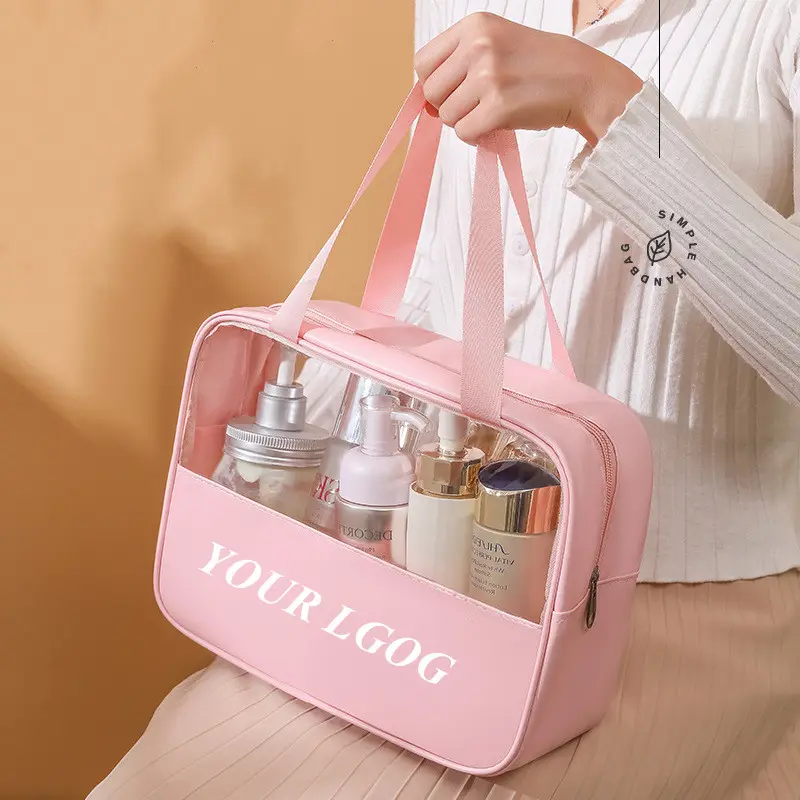 Logo personalizzato borsa per il trucco impermeabile trasparente da donna custodia per il lavaggio da viaggio custodia per la bellezza dell'organizzatore di grande capacità cosmetico rosa