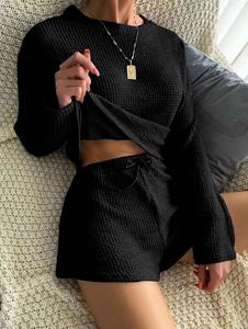 Vêtements de maison ensemble de vêtements de nuit décontractés couleur unie été pull pyjamas femmes quatre saisons peuvent porter ensemble deux pièces Vhk130 - Product Image 4