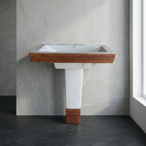 Latest Wooden Double Color Designer Art Modern One Piece Toilet with Wall Hung Wash <b>Basin</b> Pedestal and Table Top Sink Lavabo Set - Product Image 2