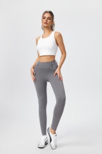 Pantaloni da yoga in spandex/nylon aderenti e comodi con vita alta elasticizzata, tasche cargo a tinta unita, ad asciugatura rapida - Product Image 2