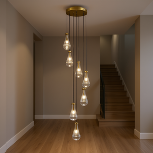 7 Light Adjustable <b>Pendant</b> Chandelier Clear Glass Gold Iron LED Warm White 3500K E26 Switch Control Large Foyer Stairwell Light - Product Image 2