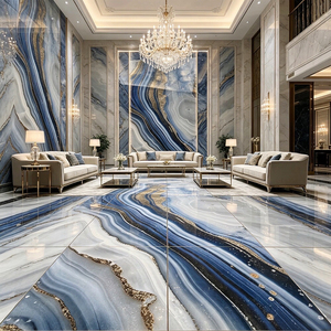 Carrelage mural et de sol en porcelaine moderne 600x1200mm, finition brillante, motif vague océanique, agate bleue avec veines dorées, pour hôtel, villa, hall - Product Image 5