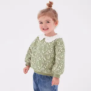 2023-осень, Новое поступление, детский флисовый пуловер с длинным рукавом, толстовка с цветочным принтом для маленьких девочек