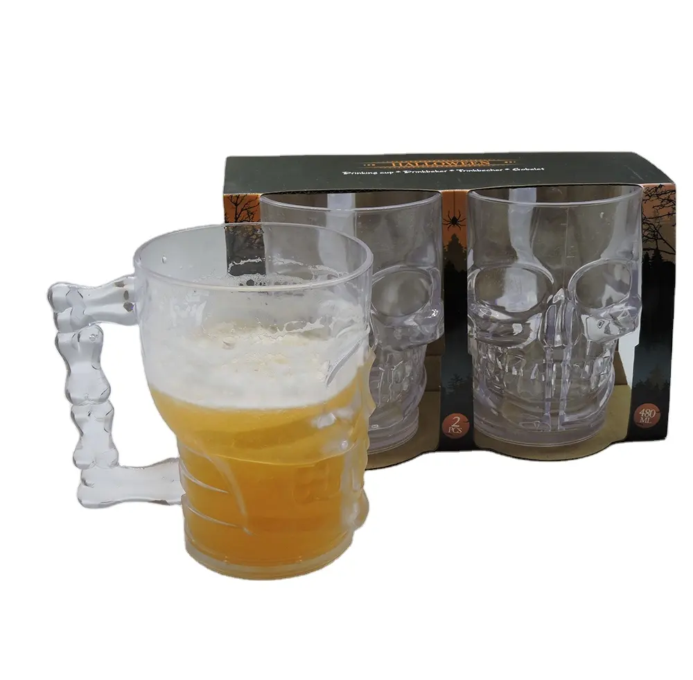 Tasse en plastique crâne de bière avec poignée, 1 pièce, prix de gros, sans bpa, logo personnalisé, tasse à bière, vente en gros