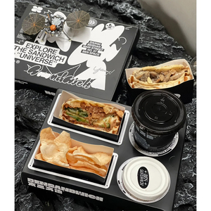 Nuevo y Moderno Porta Platos Desechable con Diseño Personalizado para Llevar, con Compartimento para Sándwiches de Brunch, Combinación de Vasos para Bebidas y Aperitivos, con Asa - Product Image 1