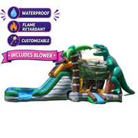 Château gonflable géant 13x13 pieds avec toboggan aquatique et piscine, thème dinosaure et dauphin