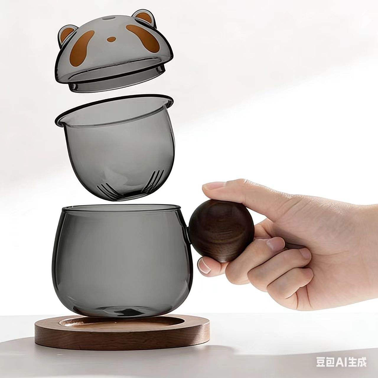 Panda-Shaped Glass Tea Mug Set with Wooden Handle & Coaster, Heat-Resistant for Home Kitchen Drinkware